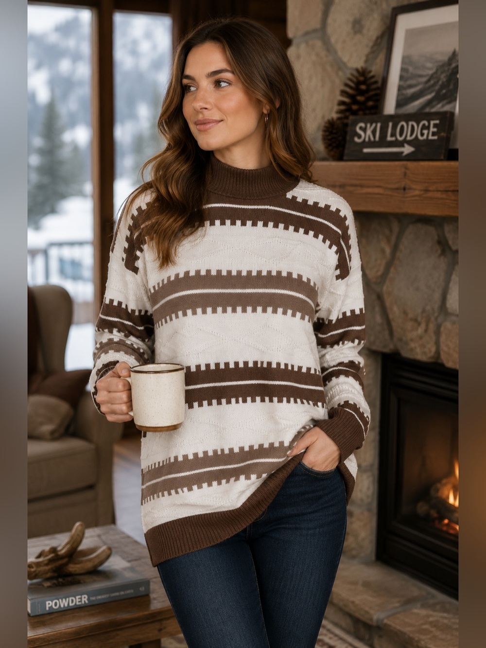 Vintage Southern Lady Brown & White Striped Mock Turtleneck Sweater Size Small